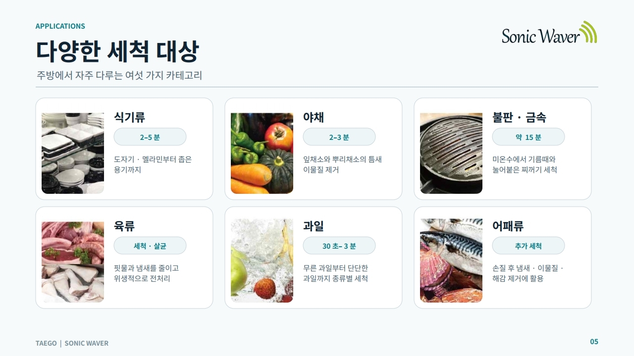 다양한 세척 대상 — 식기류·야채·불판·육류·과일·어패류